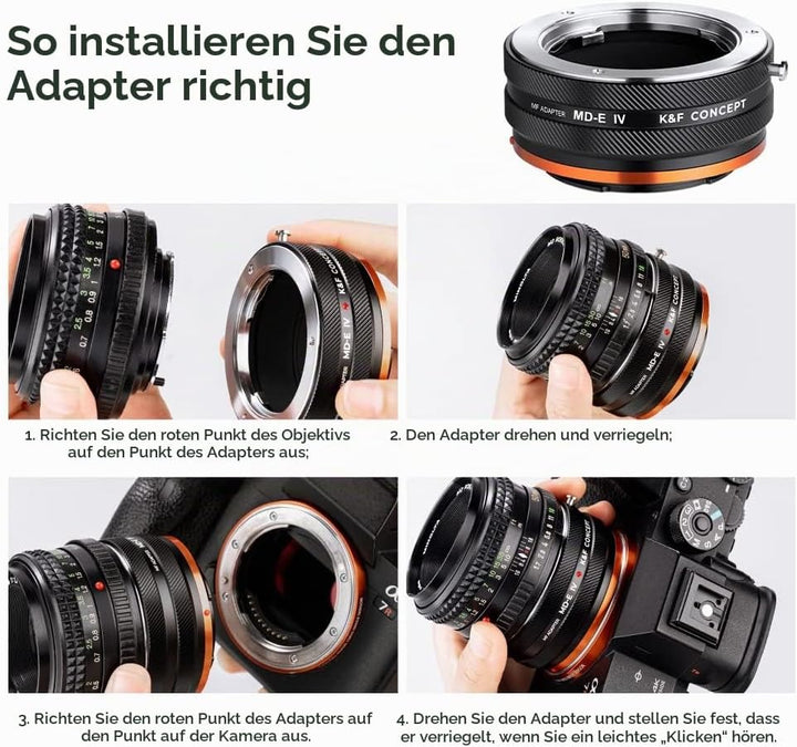 K&amp;F Concept Objektivadapter MD-NEX IV Manueller Fokus Kompatibel mit Minolta Rokkor (SR/MD/MC) Objek