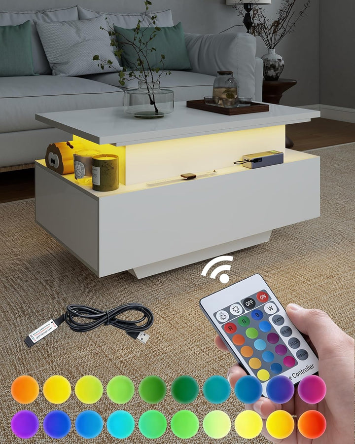 Couchtisch Höhenverstellbar Weiss Hochglanz, Couchtisch Aufklappbar mit Stauraum Modern, Wohnzimmert