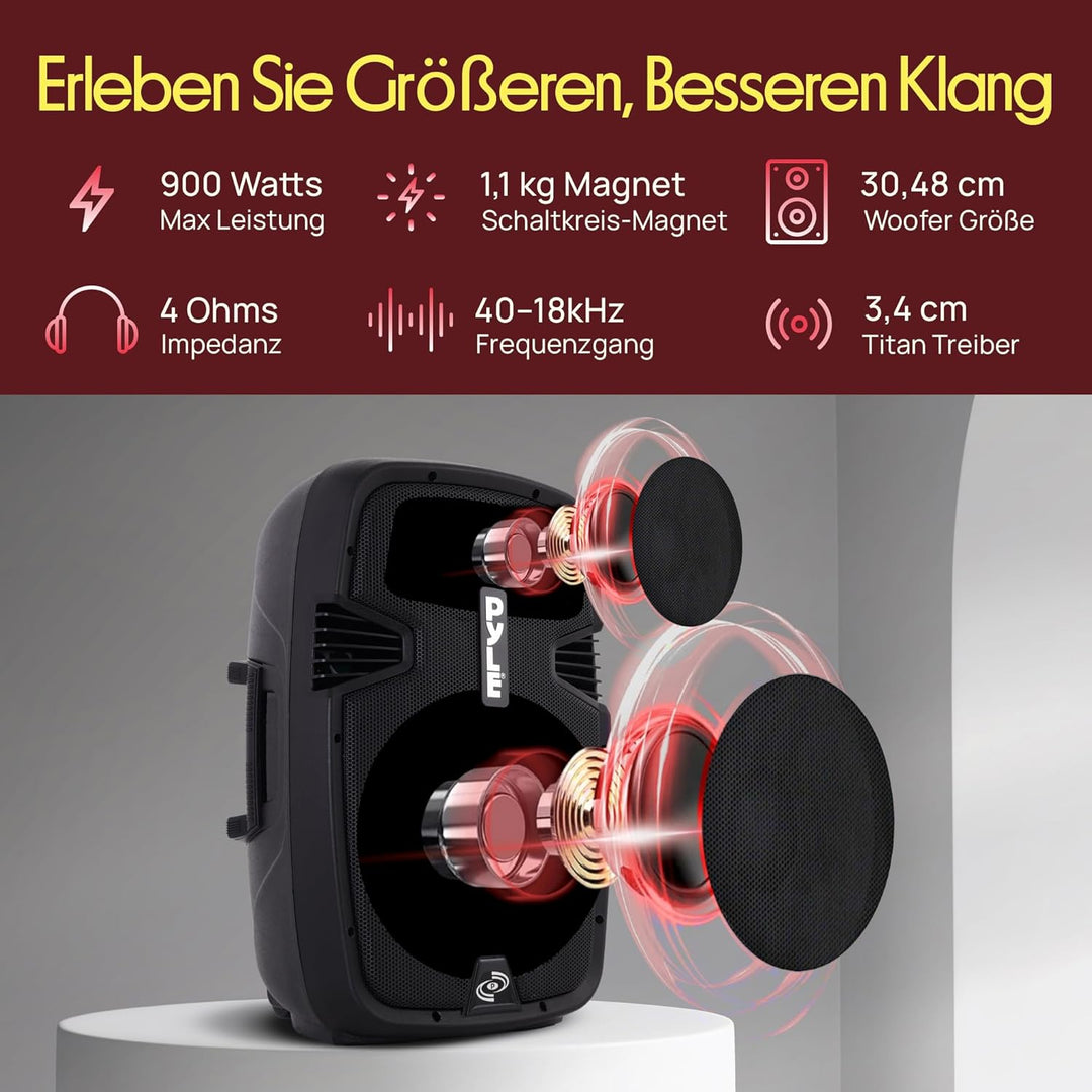 Pyle PRO PA Anlage – 900W Bluetooth PA Lautsprecher mit Akku, USB, SD, FM, MP3, Partybox Mobil Tragb