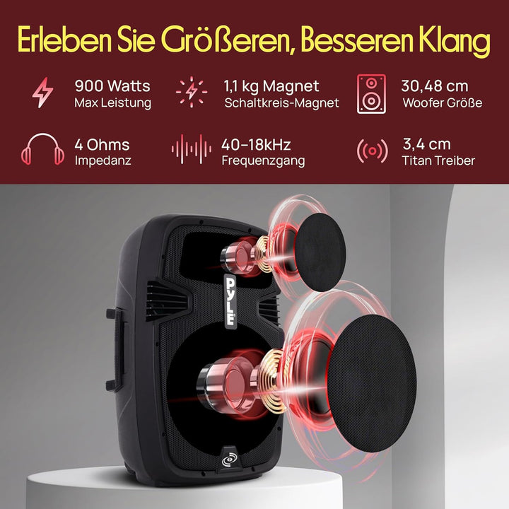 Pyle PRO PA Anlage – 900W Bluetooth PA Lautsprecher mit Akku, USB, SD, FM, MP3, Partybox Mobil Tragb