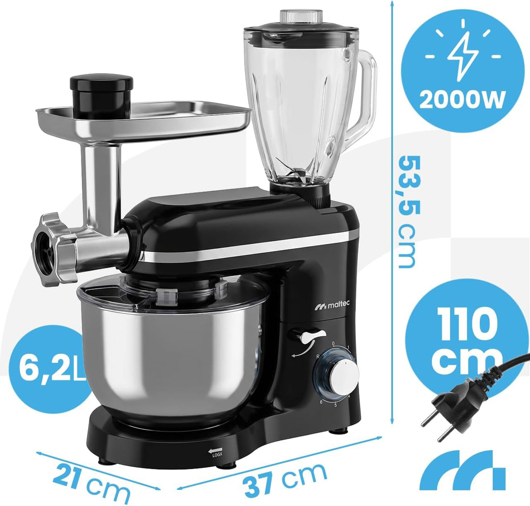 MalTec Küchenmaschine 3in1 2000W 6,2L mit Planetenrührwerk, Mixeraufsatz 1,5L, Fleischwolf, Nudelauf