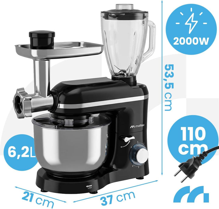 MalTec Küchenmaschine 3in1 2000W 6,2L mit Planetenrührwerk, Mixeraufsatz 1,5L, Fleischwolf, Nudelauf