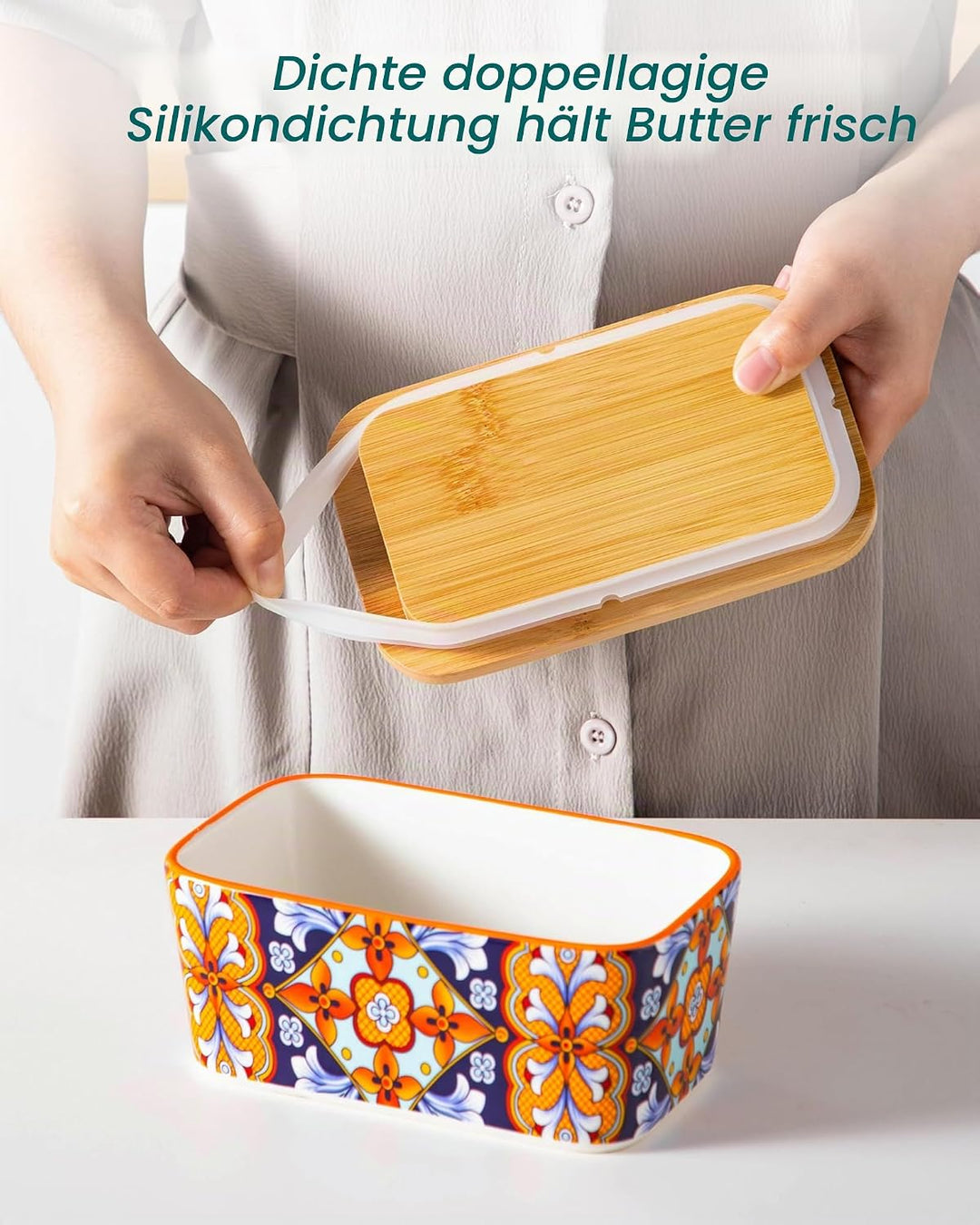 vancasso SIMI Butterdose Keramik, Hochwertige Butterglocke mit Messer und Holzdeckel, Butterdose Por