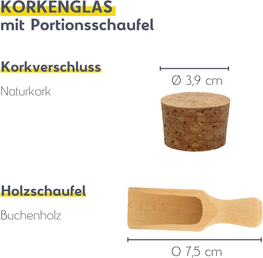 mikken 24 Gewürzgläser 150ml mit Korken – runde Glasbehälter mit Kork-Verschluss inkl. Holzschaufel