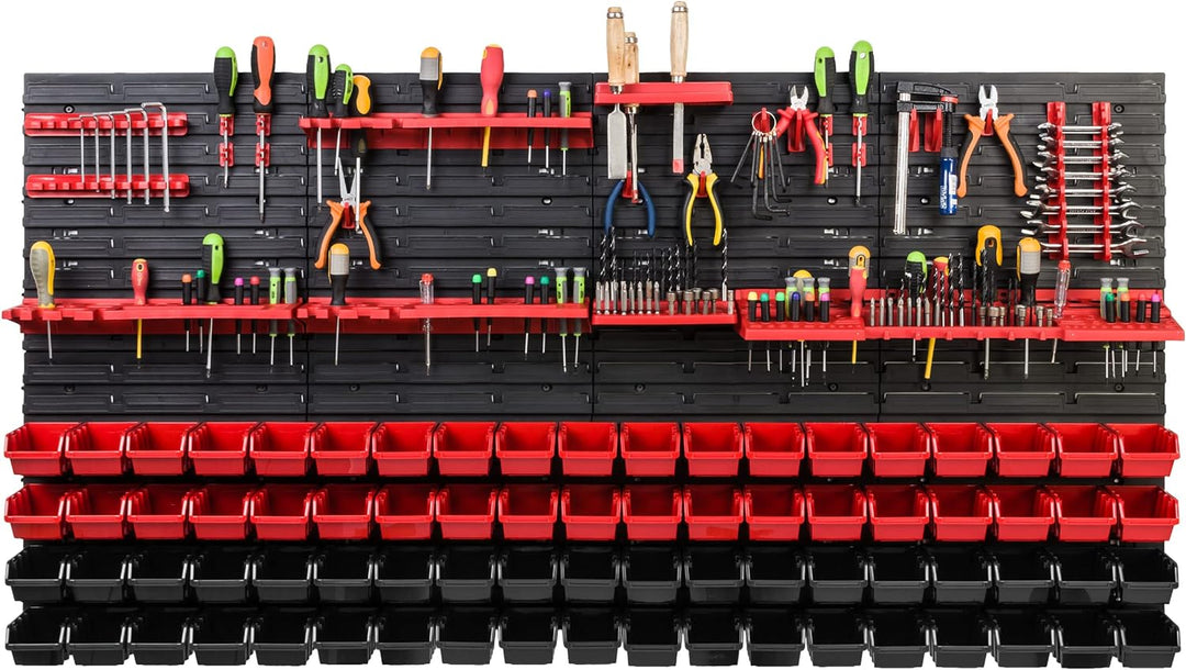Lagersystem Werkstattregal | 156 x 78 cm | 76 stck. Box | Wandregal mit Werkzeughalterungen und Stap