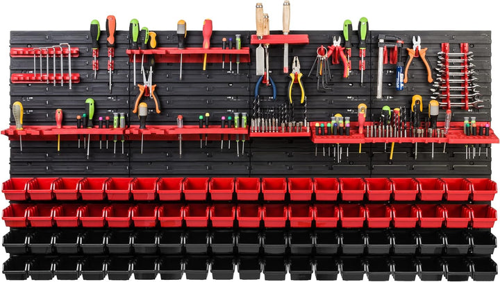 Lagersystem Werkstattregal | 156 x 78 cm | 76 stck. Box | Wandregal mit Werkzeughalterungen und Stap