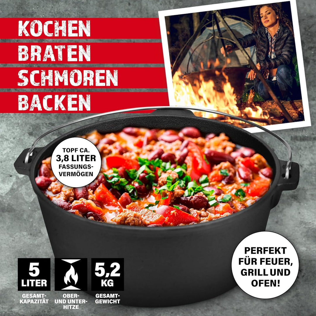 BBQ BOSS Dutch Oven [5L Kapazität] Gusseisen – Topf – Schmortopf – cast iron – Feuertopf – Gulaschke