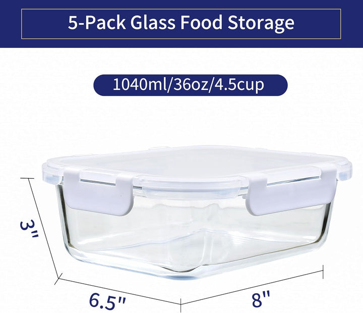 MFY 5er-Set 1040ml Meal Prep Boxen Glas Frischhaltedosen Glas mit Deckel, Glasbehälter mit Deckel Se