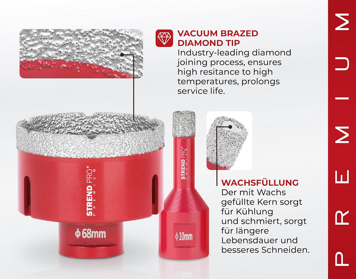 STREND PRO Diamant Fliesenbohrer Set | 6-8-10-20-35-50-68 mm, Trennscheibe, Fingerfräser 20mm, SDS A