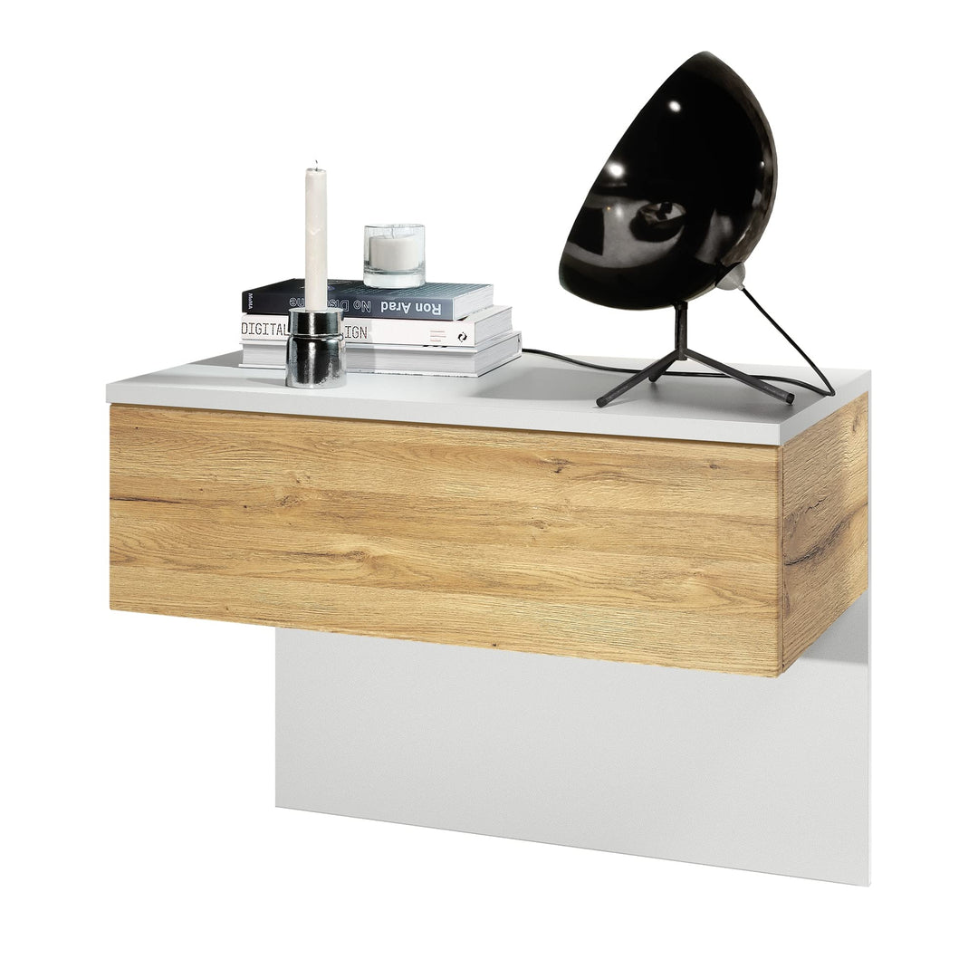 Vladon Nachttisch Sleep, Nachttischschrank mit Schublade zur Wandmontage, Weiss matt/Eiche Natur (60