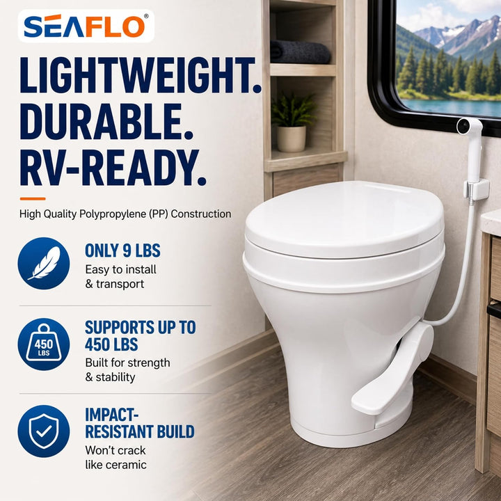 SEAFLO Wohnmobil-WC – Standardhöhe, Schwerkraftspülung, Fusspedal, sanft schliessender Deckel Wohnmo