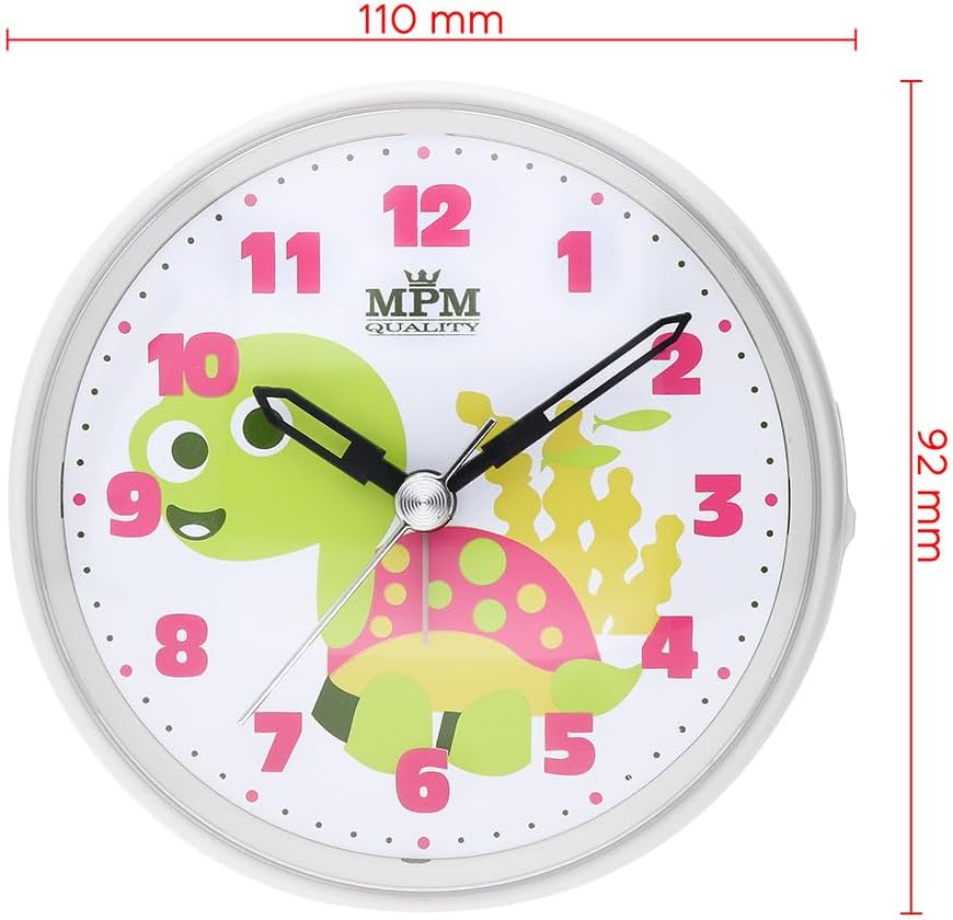MPM Quality Design Kinder Wecker aus Kunststoff, Rosa/Weiss, Motiv Schildkröte, Quarz-Uhrwerk Sweep,