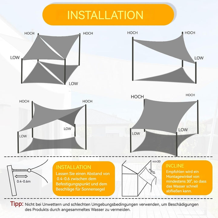 Shade&amp;Beyond Sonnensegel Wasserdicht Rechteckig 2 x 2 m Wetterschutz Sonnenschutz Sunsegel PES-Polye