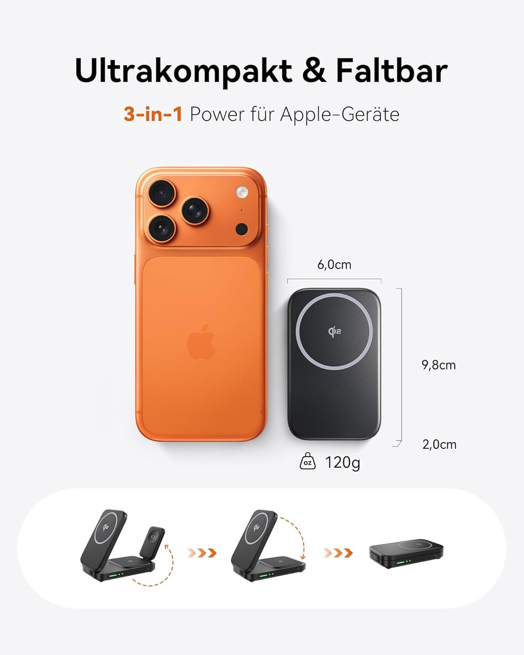 INIU Induktive iPhone Ladestation 3 in 1, 15W Qi2-Zertifiziertes Magnetisches Kabelloses Ladegerät F