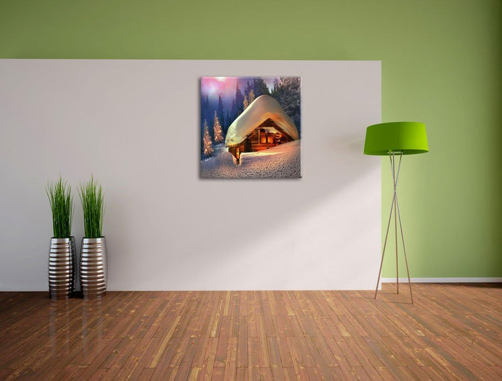 Pixxprint Hütte in Schneelandschaft / 70x70cm Leinwandbild bespannt auf Holzrahmen/Wandbild Kunstdru