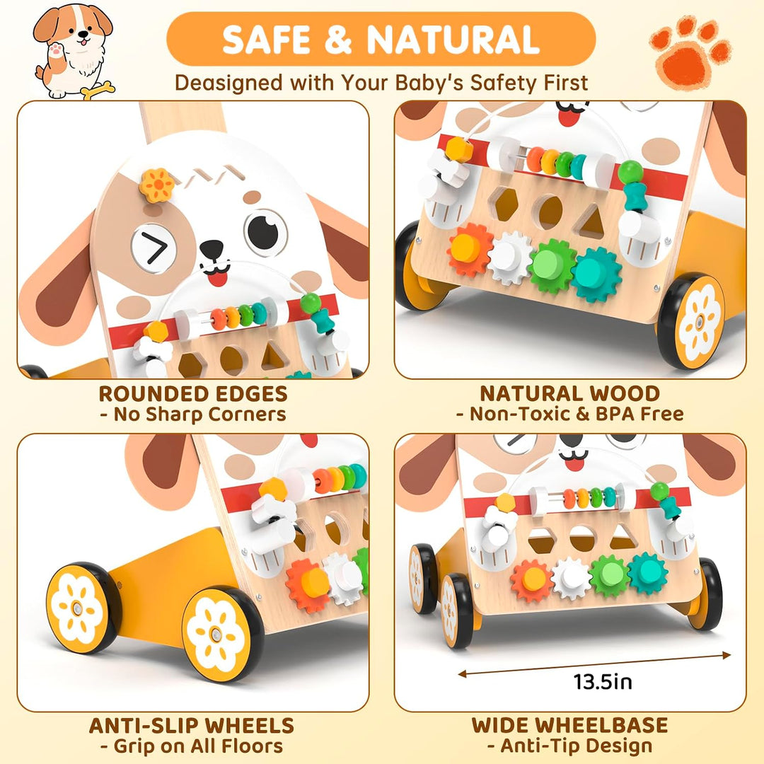 Lauflernwagen Holz Hund Montessori 6-in-1, Motorikwürfel | Lauflernwagen im niedlichen Hunde-Design,