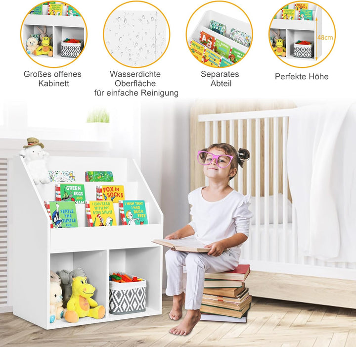 COSTWAY Bücherregal für Kinder, Spielzeugregal aus Holz mit 3-stufigem Fach &amp; 2 Ablagen, 2 in 1 Kind