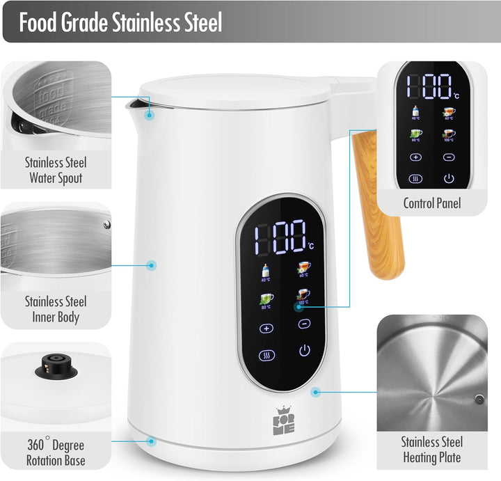 ForMe Edelstahl Wasserkocher 1,7 L mit Temperatureinstellung Temperaturwahl 40-100°C I LED Digitale