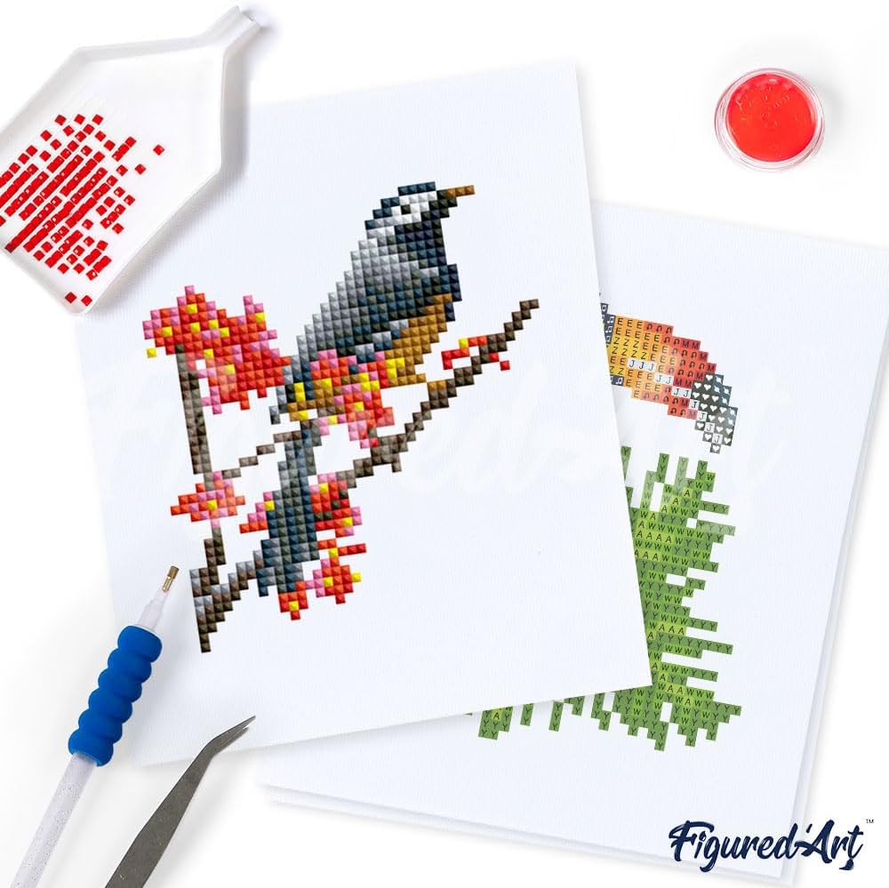 Figured'Art Mini Serie Diamond Painting Erwachsene - Buntes Vogelparadies - Premium-Box mit 12 Stück