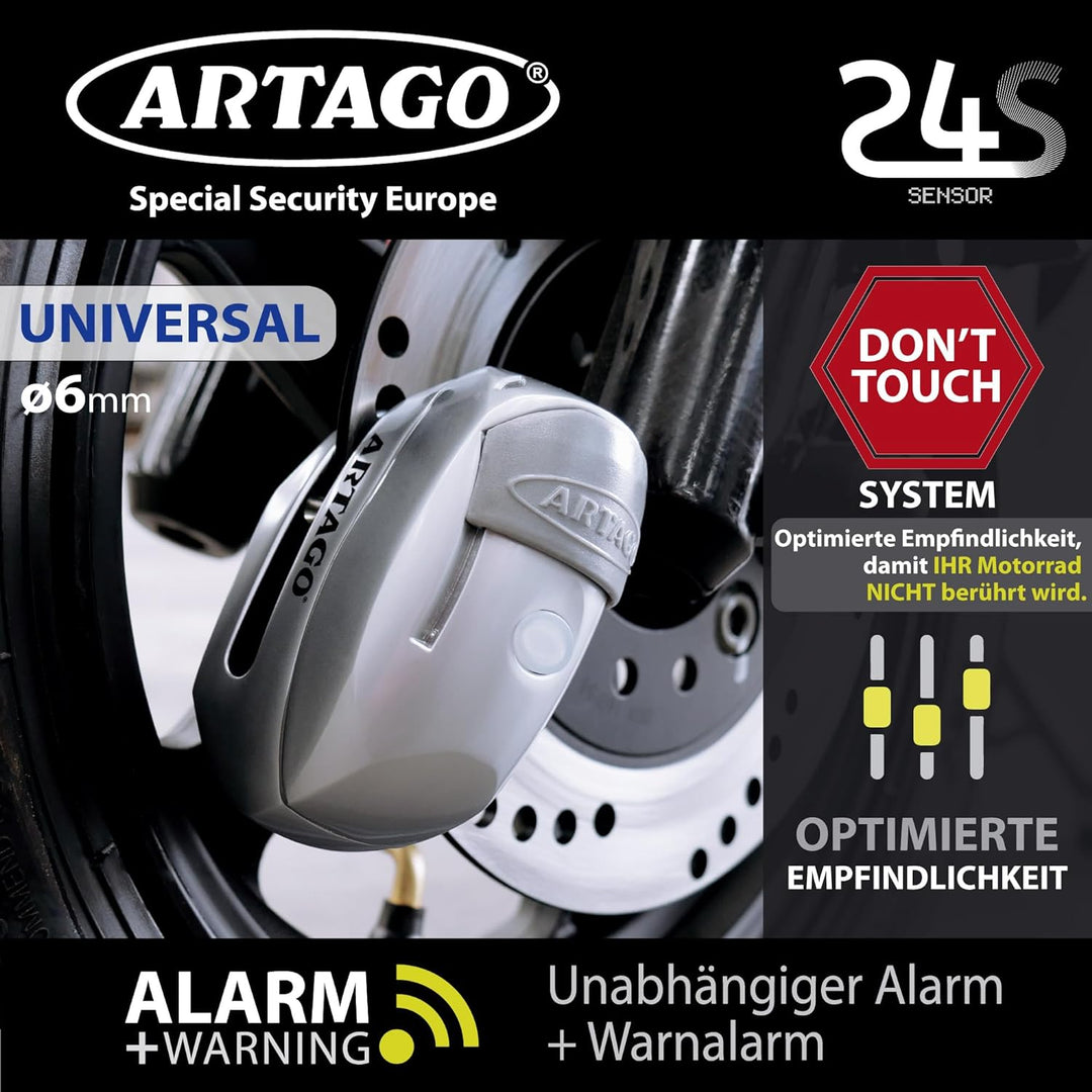 Artago 24S.6M Motorrad Bremsscheibenschloss mit Alarm 120 dB Warnung Smart, ø 6 mm