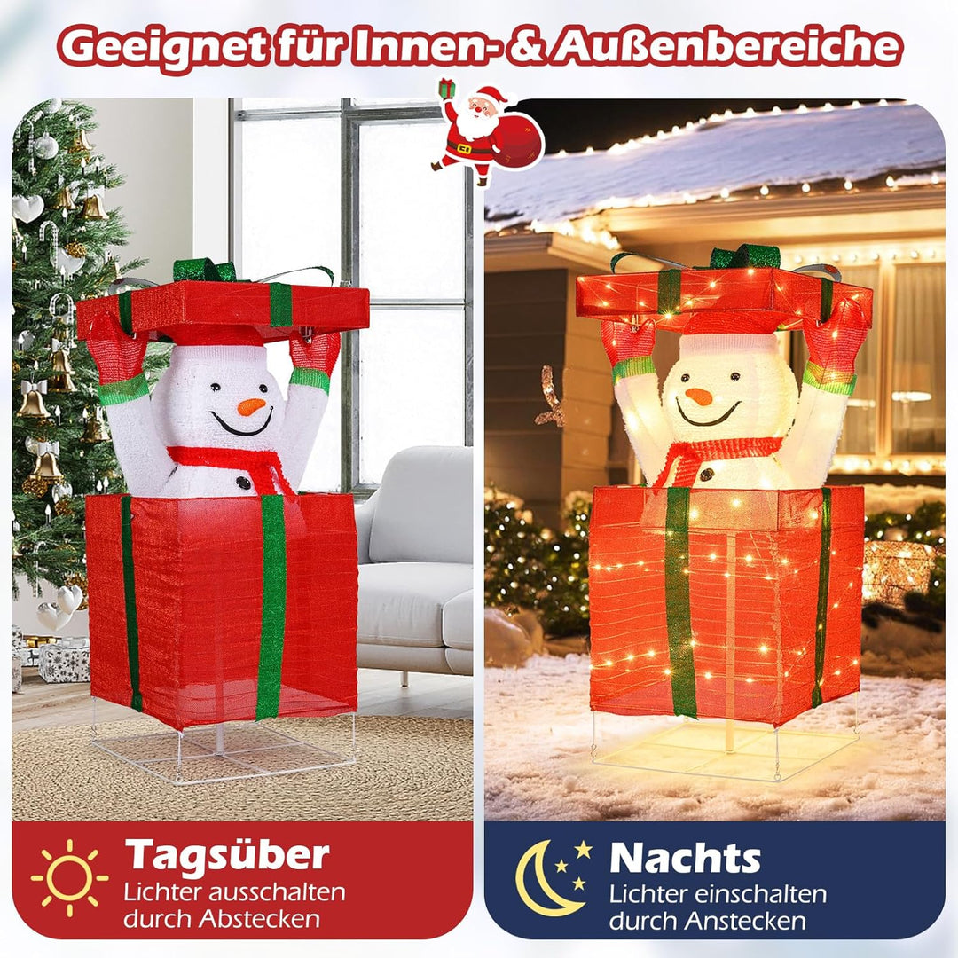 COSTWAY LED Schneemann in Geschenkbox, 115 cm beleuchtete Weihnachtsdeko mit 100 warmweissen LED-Lic