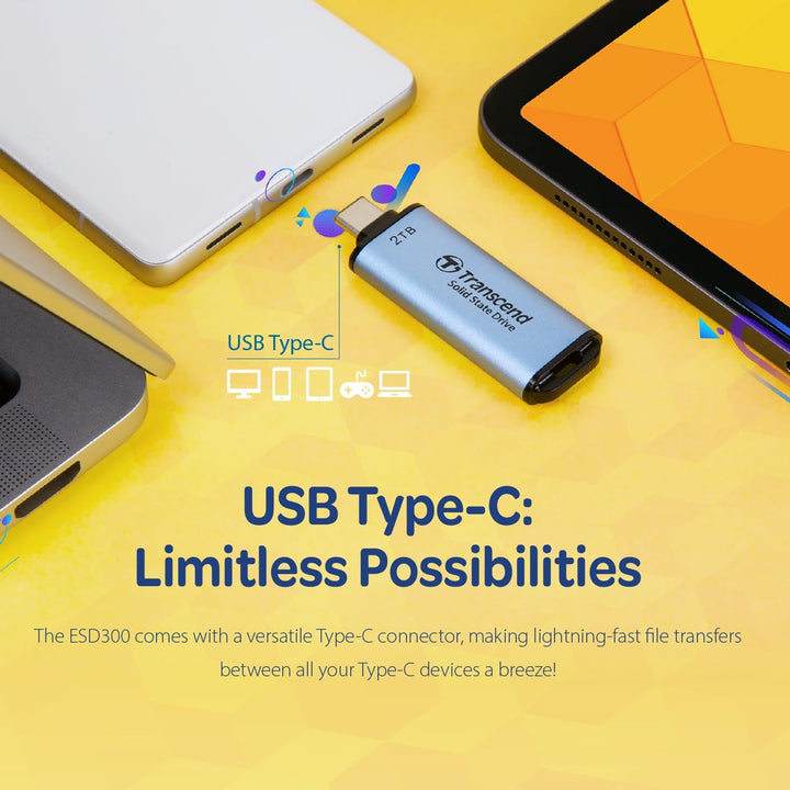 Transcend Portable SSD ESD300C 512GB USB Typ-C 10 Gbit/s PS4/PS5-kompatibel, Blau – TS512GESD300C