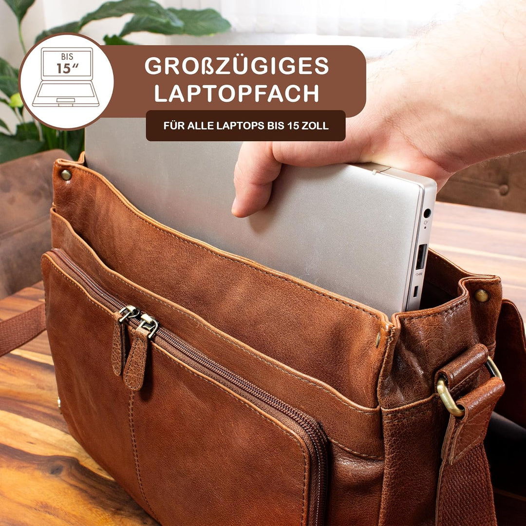 STILORD 'Tom' Vintage Leder Umhängetasche für Studium Uni Büro Arbeit 15 Zoll Laptoptasche DIN A4 Sc