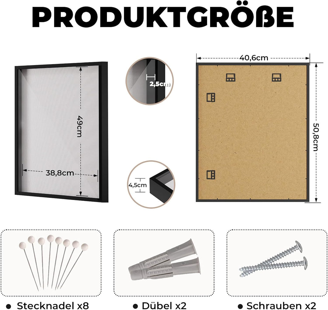 Muzilife 3D Bilderrahmen zum Befüllen Schwarz 40x50 cm, Holz Rahmen Objektrahmen Shadow Box mit Glas