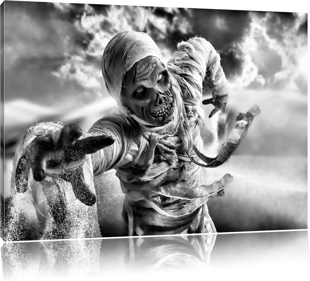 Pixxprint Monocrome, Mumie greift an, Format: 100x70 auf Leinwand, riesige Bilder fertig gerahmt mit
