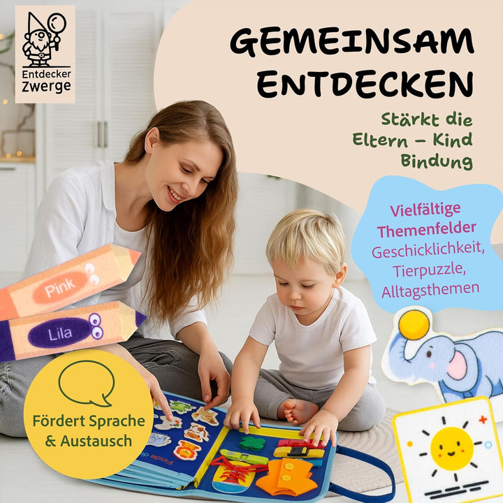 Busy Board ab 3 Jahre - Lernspielzeug mit Deutschen Inhalten - 25 Aktivitäten auf 10 Seiten - Motori