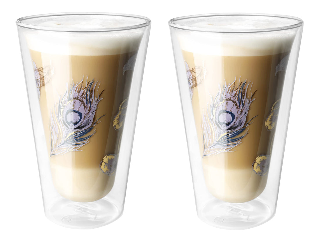 Montepreti Design Latte Macchiato Gläser Pfauenfeder, XXL 450ml, grosses doppelwandiges Borosilikatg