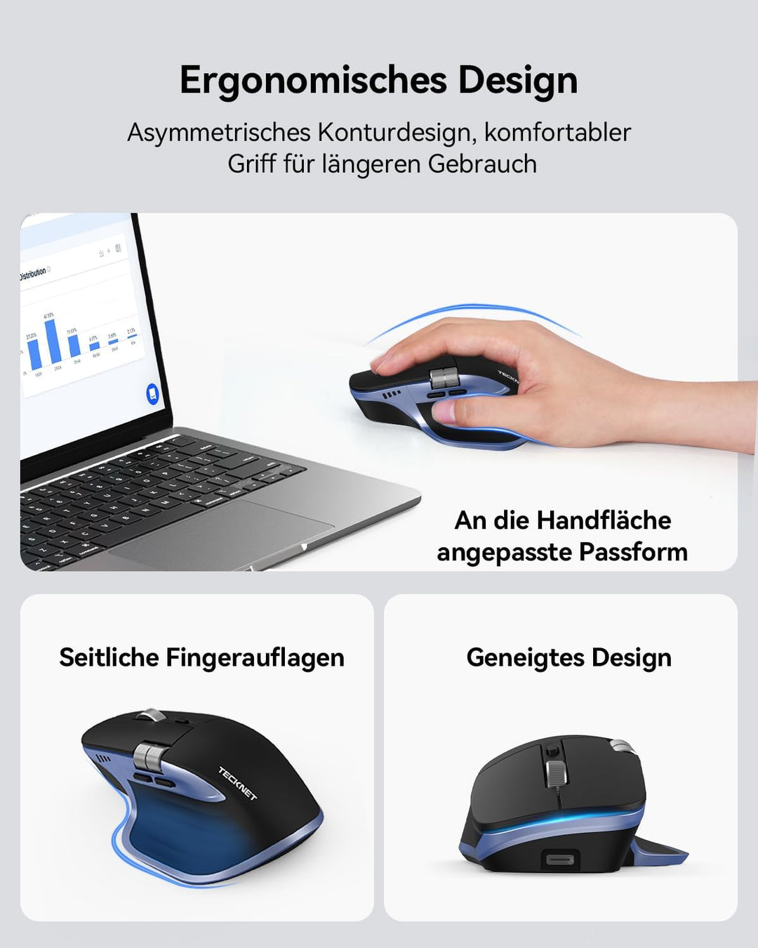 TECKNET Bluetooth kabellose Maus(BT 5.3/5.0+2,4G), Seitliches Mausrad, Superschnelles Scrollen, Wied