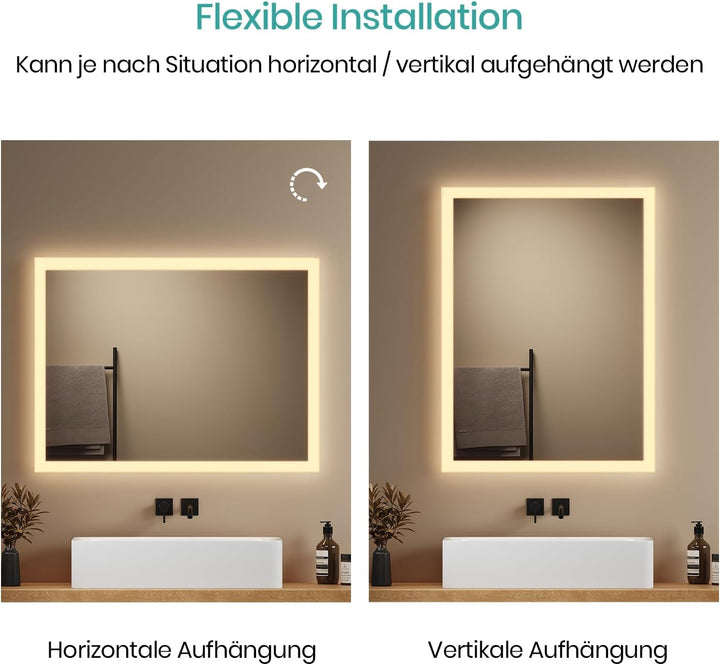 EMKE Badspiegel mit Beleuchtung 80x60cm, Badezimmerspiegel mit Warmweiss Licht 3000K, Wandschalter,