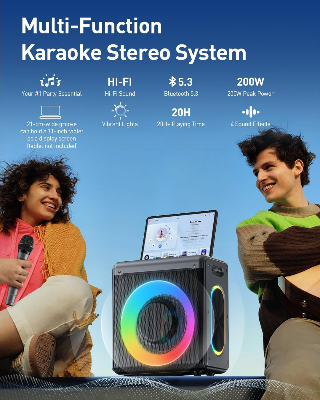 Karaoke Maschine mit 2 mikrofonen, wiederaufladbaren Mikrofonen: Tragbarer Bluetooth-Lautsprecher fü