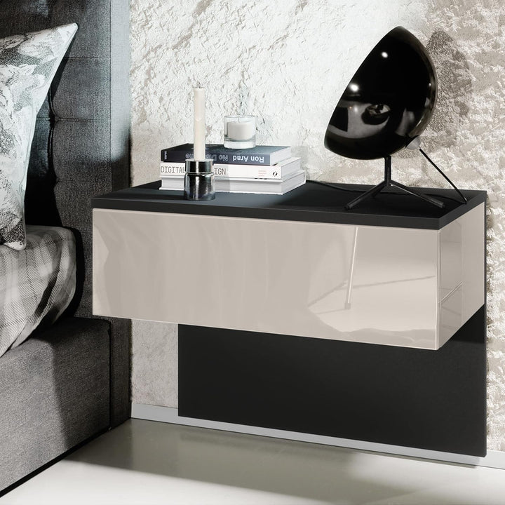 Vladon Nachttisch Sleep, Nachttischschrank mit Schublade zur Wandmontage, Schwarz matt/Sandgrau Hoch