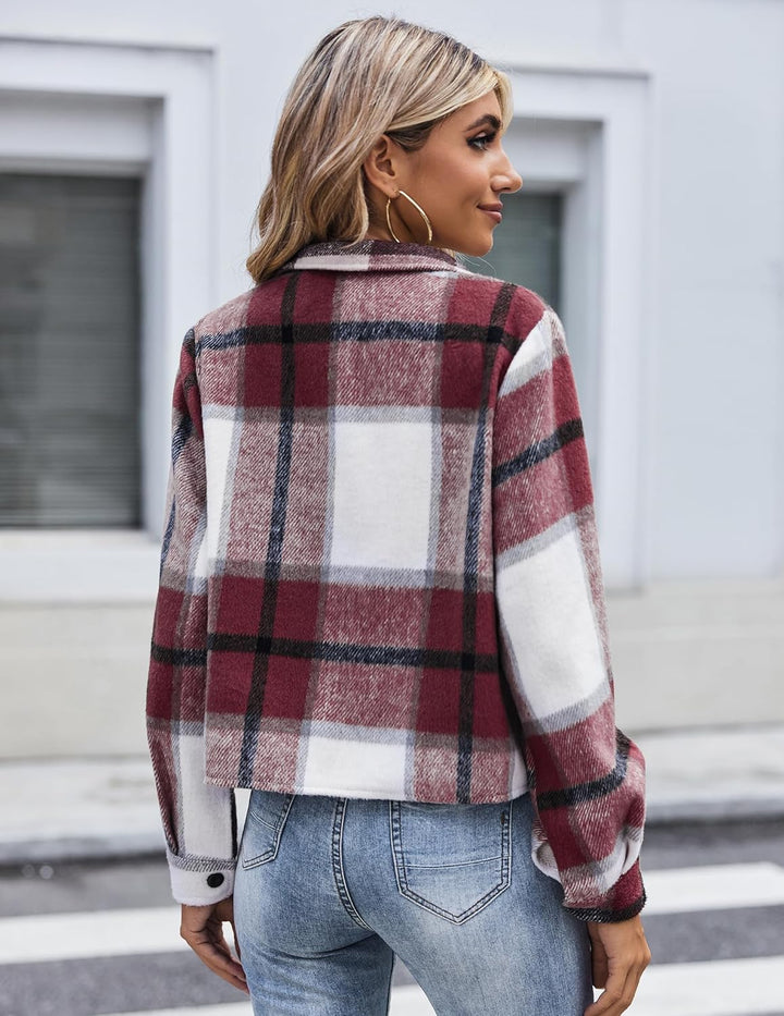 Zeagoo Damen Flanell Jacke Karierte Langarm Kurzjacke Revers Button-Down Shacket Mantel Weinrot 543