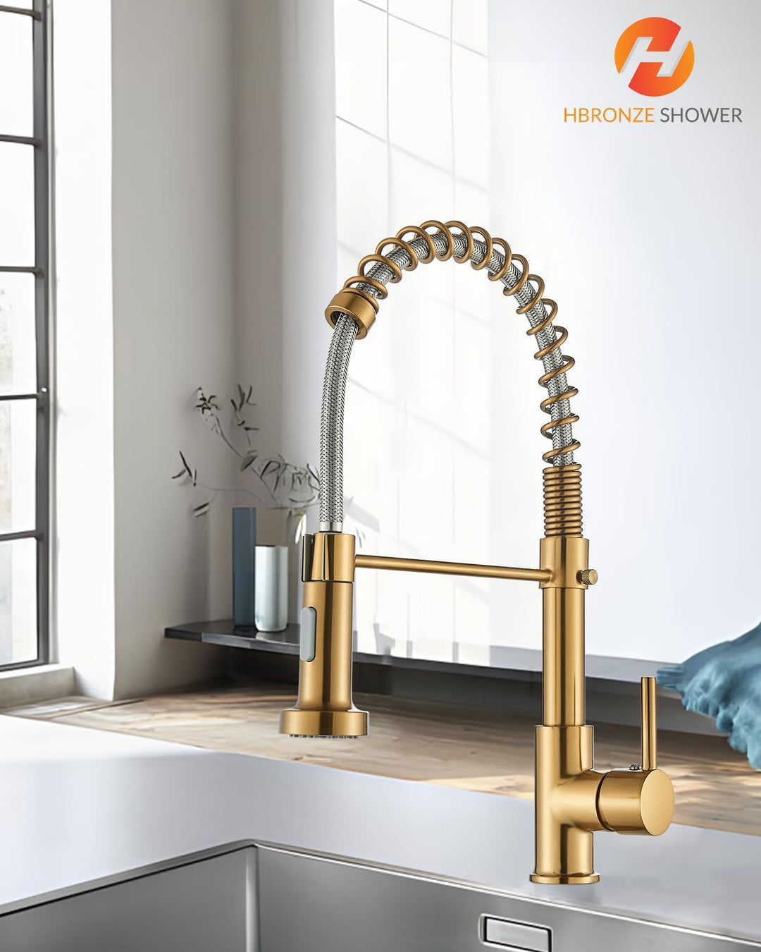 Hbronzeshower Wasserhahn Küche mit Brause ausziehbar, 360° Schwenkbar Küchenarmatur, Gold Einhebel S