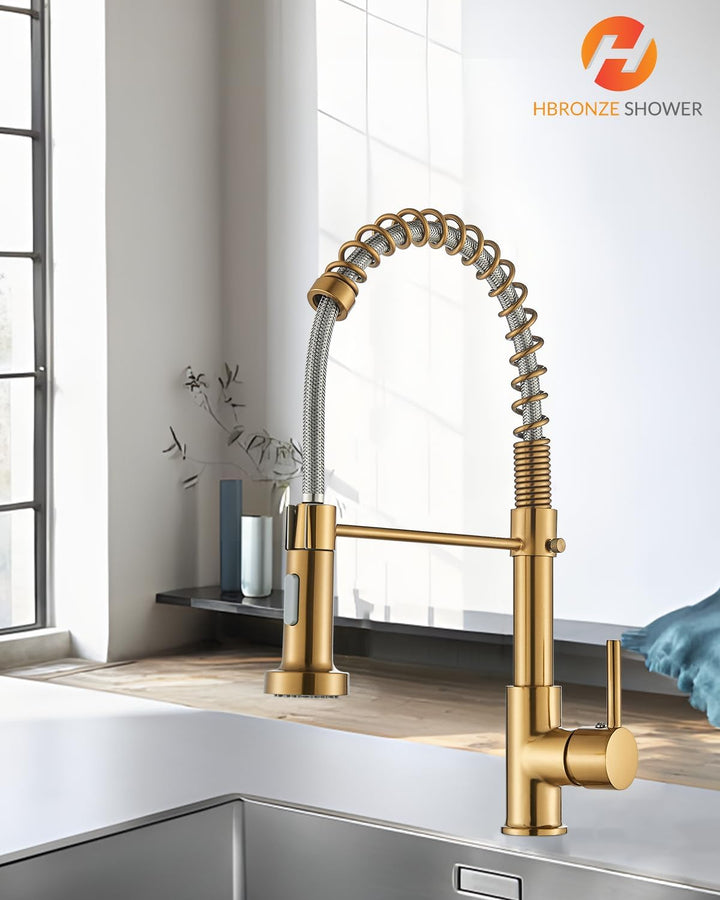 Hbronzeshower Wasserhahn Küche mit Brause ausziehbar, 360° Schwenkbar Küchenarmatur, Gold Einhebel S