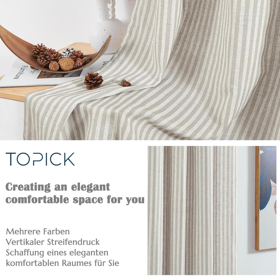 TOPICK Leinen Vorhänge Gestreifte Gardinen mit Ösen Modern Beige Leinenoptik Vorhang Wohnzimmer Priv