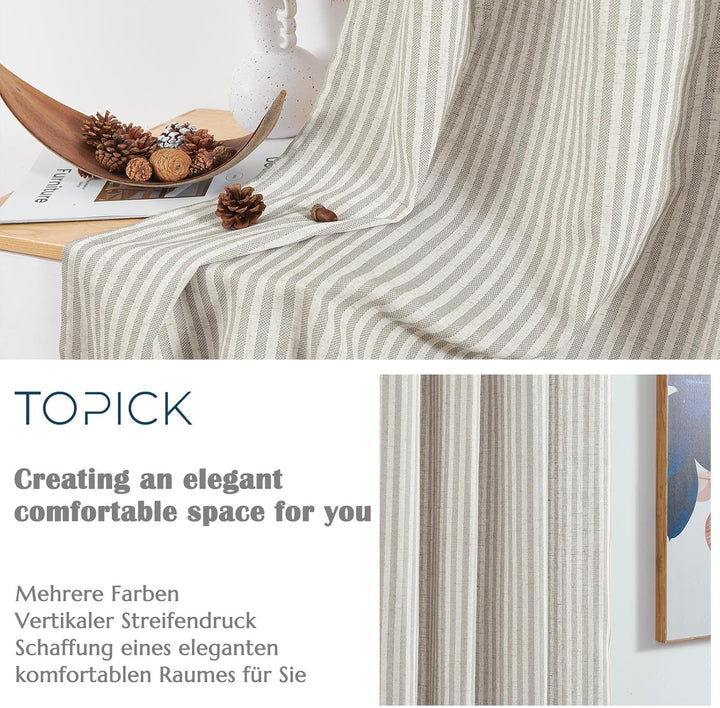 TOPICK Leinen Vorhänge Gestreifte Gardinen mit Ösen Modern Beige Leinenoptik Vorhang Wohnzimmer Priv