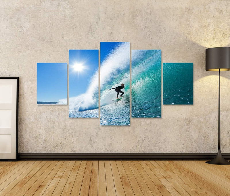 Bild auf Leinwand Surfer On Blue Ocean Wave Wandbild Poster Kunstdruck Bilder Format: 170x80cm - 5 T