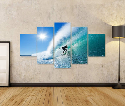 Bild auf Leinwand Surfer On Blue Ocean Wave Wandbild Poster Kunstdruck Bilder Format: 170x80cm - 5 T