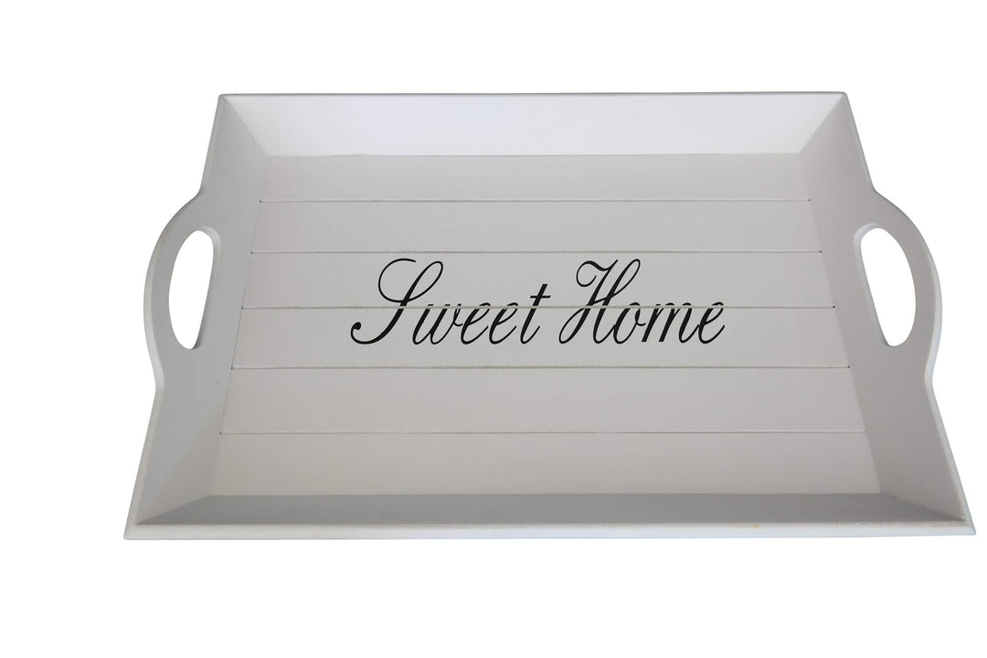 elbmöbel Holz-Tablett in weiss rechteckig, Sweet Home Aufdruck, Griffe und erhöhter Rand (43 x 28cm)