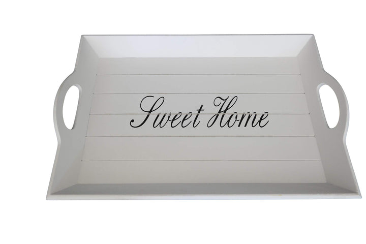 elbmöbel Holz-Tablett in weiss rechteckig, Sweet Home Aufdruck, Griffe und erhöhter Rand (43 x 28cm)