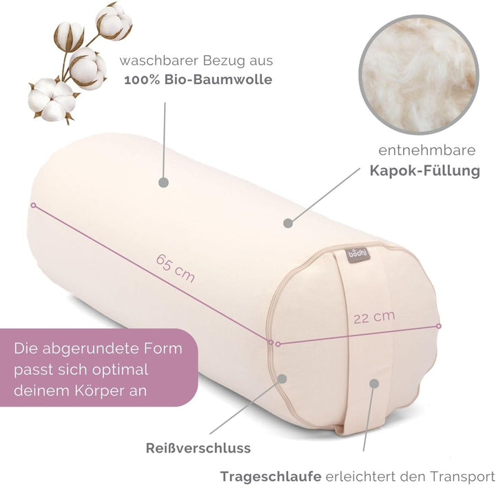 Bodhi Yoga Bolster | ECO Serie | Yogarolle mit Kapok-Füllung | Waschbarer Bezug aus 100% Bio-Baumwol