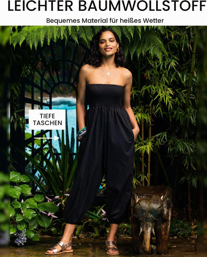 likemary Jumpsuit Damen Sommer – 2-in-1 Haremshose &amp; Capri Overall – Baumwolle Einheitsgrösse – Boho