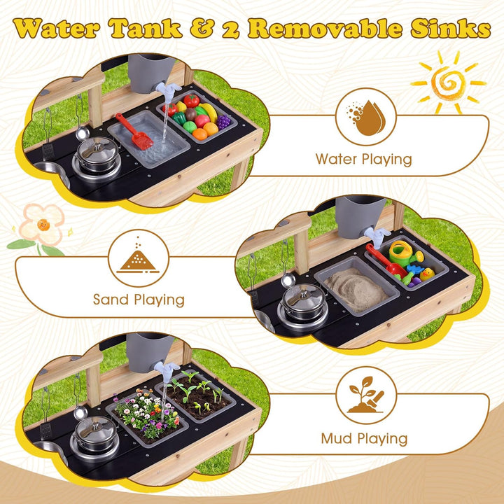 FANTASK Matschküche Kinder, Holz-Spielküchenset mit Wassertank, Herd, Kreidetafel &amp; Spüle, Kinderküc