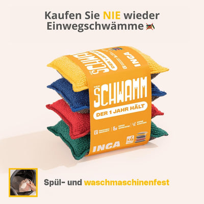 INGA - 4 x Wiederverwendbare, waschbare Schwämme - Hochwirksam, kratzfrei - Doppelseitig - Wechselt