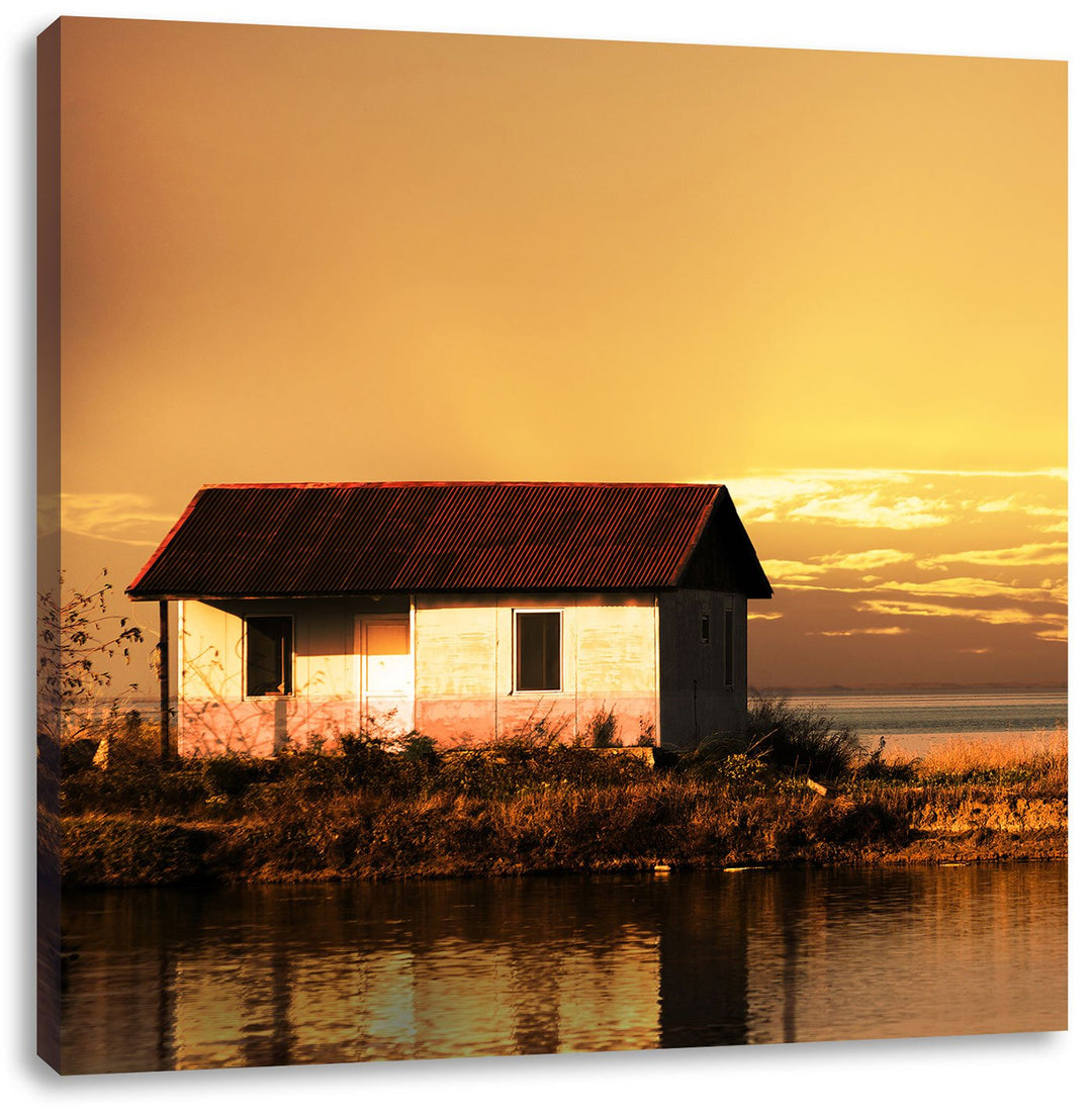 Pixxprint Haus am See bei Sonnenuntergang als Leinwandbild | Grösse: 70x70 cm | Wandbild| Kunstdruck