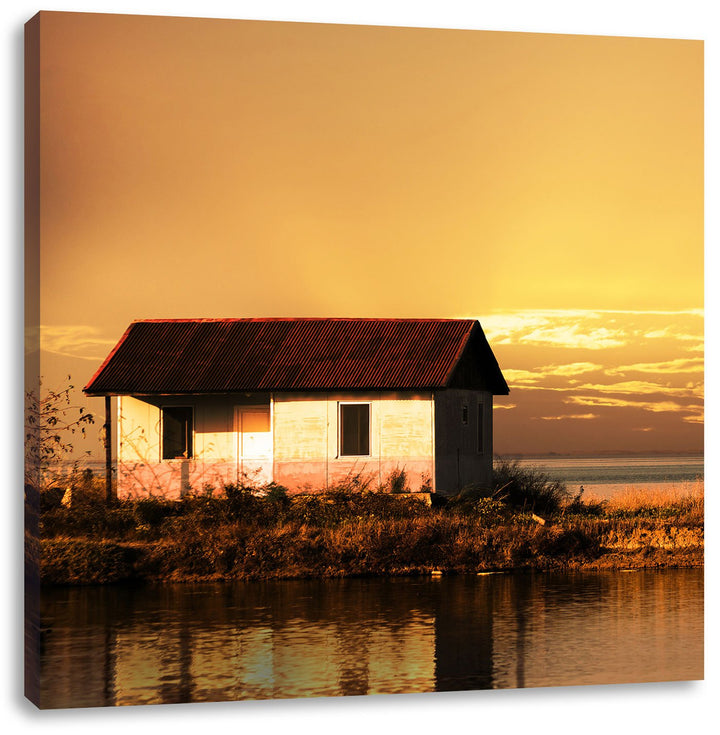 Pixxprint Haus am See bei Sonnenuntergang als Leinwandbild | Grösse: 70x70 cm | Wandbild| Kunstdruck